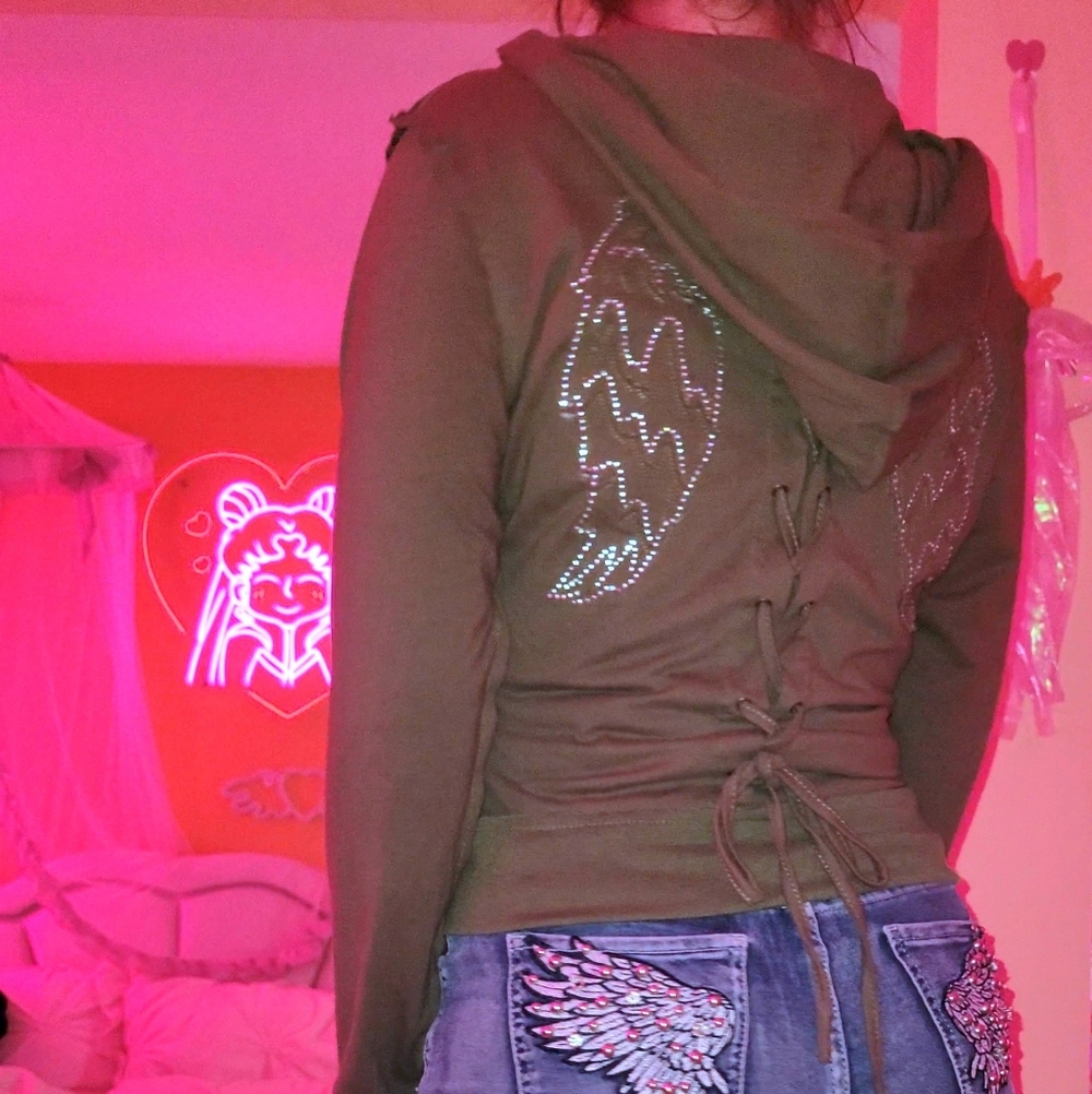 rhinestone angel wing 🪽 olive green corset lace up hoodie